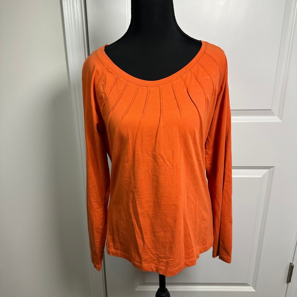 Rafaella Orange Pleated V Neck Long Sleeve Cotton Spandex Top Women's M
